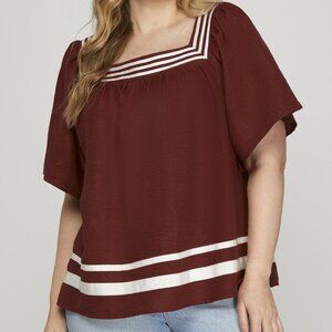 PLUS SIZE SHE + SKY BURGUNDY/MAROON & WHITE SQUARE NECK TOP